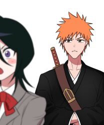 Rule 34 | 1boy, 1girl, :o, black hair, black kimono, bleach, blurry, blush stickers, bow, bowtie, brown eyes, closed mouth, collared shirt, commentary request, depth of field, food request, frown, grey jacket, gwao ( ul 13), hair between eyes, jacket, japanese clothes, katana, kimono, korean commentary, kuchiki rukia, kurosaki ichigo, long sleeves, looking at another, medium hair, open mouth, orange hair, red bow, red bowtie, school uniform, shirt, short hair, simple background, solo focus, spiked hair, straight hair, surprised, sword, upper body, v-shaped eyebrows, weapon, white background, white shirt, wide-eyed, wide sleeves