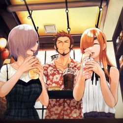 Rule 34 | 1boy, 2girls, 5saiji, alternate costume, bare shoulders, beard, black-framed eyewear, blurry, blurry foreground, breasts, brown hair, collarbone, commentary request, cup, depth of field, disposable cup, dress, drinking straw, eyepatch, closed eyes, facial hair, fate/grand order, fate (series), floral print, food, glasses, grey dress, hawaiian shirt, highres, holding, holding tray, indoors, long hair, long sideburns, mash kyrielight, medium breasts, multiple girls, napoleon bonaparte (fate), open mouth, ophelia phamrsolone, orange hair, parted lips, plaid, plaid dress, print shirt, purple hair, red shirt, sandwich, shirt, short hair, short sleeves, sideburns, sleeveless, sleeveless dress, sleeveless shirt, smile, spiked hair, standing, sweat, tray, white shirt
