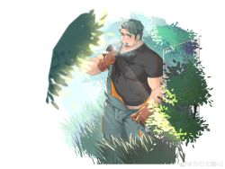 Rule 34 | 1boy, absurdres, bara, black hair, black shirt, brown gloves, day, facial hair, gloves, highres, large pectorals, male focus, muscular, muscular male, open mouth, original, outdoors, overalls, pectorals, shirt, short hair, simple background, solo, weibo 7540192405, white background