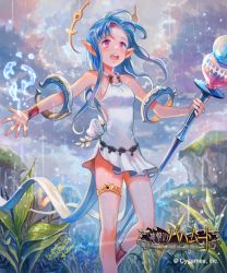Rule 34 | 10s, 1girl, bare shoulders, blue hair, gradient background, legband, official art, open mouth, original, pink eyes, pointy ears, rain, shingeki no bahamut, solo, staff, wristband