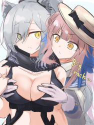 Rule 34 | 2girls, :/, animal ear fluff, animal ears, arknights, asususususu, black scarf, blue feathers, blunt bangs, blush, grabbing another&#039;s breast, breasts, cat ears, ceylon (arknights), cleavage, collarbone, commentary request, crop top, dot nose, english text, eyes visible through hair, feather hair, feathers, gloves, grabbing, hair ornament, hat, highres, large breasts, long hair, midriff, multiple girls, orange eyes, partial commentary, pink hair, scarf, schwarz (arknights), short hair, silver hair, simple background, stomach, white background, yellow eyes