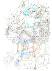 Rule 34 | 1girl, ass, bad id, bad pixiv id, belt, bike shorts, blue eyes, blue hair, blueprint (object), blush, boots, female focus, hair bobbles, hair ornament, hat, kawashiro nitori, looking back, matching hair/eyes, mouth hold, one eye closed, short hair, solo, sweatdrop, touhou, twintails, two side up, ume (plumblossom), wink, wrench