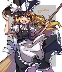 Rule 34 | 1girl, :d, apron, black hat, black skirt, black vest, blonde hair, border, bow, braid, broom, green bow, grey background, hair bow, hat, hat bow, highres, holding, holding broom, kirisame marisa, long hair, looking at viewer, one-hour drawing challenge, open mouth, renshirenji, shirt, side braid, simple background, single braid, skirt, smile, solo, touhou, twitter username, vest, waist apron, white border, white bow, white shirt, witch hat, yellow eyes