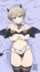 Rule 34 | 1girl, absurdres, artist logo, bikini, black bikini, black sleeves, black thighhighs, blue eyes, blush, breasts, demon girl, demon horns, demon tail, demon wings, detached sleeves, from above, gluteal fold, grey hair, hair between eyes, hands on own chest, highres, horns, huge breasts, kdtwifi, large breasts, looking at viewer, lying, navel, on back, shiny skin, short hair, smile, solo, stomach, swimsuit, tail, thigh gap, thighhighs, thighs, uzaki-chan wa asobitai!, uzaki hana, wings