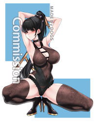 Rule 34 | 1girl, absurdres, armpits, arms up, artist name, black footwear, black hair, black panties, blue background, blunt bangs, blush, breasts, brown eyes, brown thighhighs, cleavage, cleavage cutout, closed mouth, clothing cutout, commentary, commentary request, commission, dogs (dlrkdejr26), english commentary, eve (stellar blade), high heels, highres, korean commentary, large breasts, long hair, looking at viewer, mixed-language commentary, panties, ponytail, solo, squatting, stellar blade, thighhighs, thighs, two-tone background, underwear, very long hair, white background