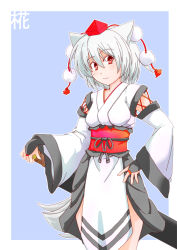Rule 34 | 1girl, animal ears, blush, breasts, detached sleeves, fingerless gloves, gloves, hat, inubashiri momiji, kourindou tengu costume, light smile, looking at viewer, lunatic rabbit, pom pom (clothes), red eyes, short hair, silver hair, solo, sword, tail, tokin hat, touhou, weapon, weapon bag, wolf ears, wolf tail