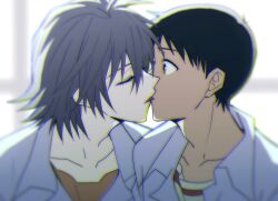 Rule 34 | 2boys, brown eyes, brown hair, collarbone, collared shirt, commentary, couple, french kiss, grey hair, hair between eyes, ikari shinji, kiss, male focus, multiple boys, nagisa kaworu, neon genesis evangelion, open collar, orange shirt, profile, shirt, short hair, tongue, tousok, undershirt, upper body, white shirt, yaoi