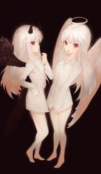 Rule 34 | 2girls, albino, angel, angel and devil, angel wings, bad id, bad pixiv id, black background, bottomless, collared shirt, commentary, commission, demon, demon horns, fallen angel, flat chest, full body, horns, long hair, long sleeves, looking at viewer, multiple girls, naked shirt, original, pale skin, pointy ears, red eyes, shirt, simple background, standing, symbol-only commentary, white hair, white shirt, wings, yin (azse2432)