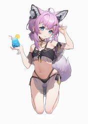 Rule 34 | 1girl, absurdres, ahoge, animal ears, arknights, bikini, black bikini, blue eyes, chinese commentary, collarbone, commentary request, cup, drink, drinking straw, extra ears, flat chest, food, fox ears, fox girl, fox tail, fruit, gluteal fold, hand up, headphones, highres, holding, holding cup, holding drink, jewelry, legs up, lemon, lemon slice, looking at viewer, lushi jin up, navel, necklace, official alternate costume, pink hair, short hair, short twintails, sidelocks, simple background, smile, solo, stomach, sussurro (arknights), sussurro (summer flower) (arknights), swimsuit, tail, twintails, white background