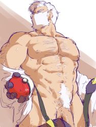 Rule 34 | 1boy, abs, bara, beard, chest hair, cowboy hat, creatures (company), drayden (pokemon), facial hair, flaccid, game freak, gym leader, hairy, hat, highres, holding, large pectorals, male focus, male pubic hair, muscular, navel, nintendo, nipples, pectorals, penis, penis peek, piikeisandaa, poke ball, pokemon, pokemon bw, pubic hair, simple background, sketch, solo, thick thighs, thighs, undressing, white hair