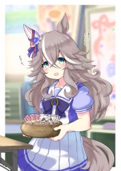 Rule 34 | 1girl, absurdres, animal ears, blurry, blurry background, blush, bowl, candy, food, green eyes, grey hair, hair between eyes, highres, holding, holding bowl, horse ears, horse girl, horse tail, koishi chikasa, long hair, multicolored hair, open mouth, puffy short sleeves, puffy sleeves, purple shirt, sailor collar, school uniform, shirt, short sleeves, skirt, smile, solo, streaked hair, table, tail, thick eyebrows, tracen school uniform, translation request, umamusume, white skirt, wonder acute (umamusume)