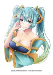 Rule 34 | 1girl, aqua eyes, aqua hair, bad id, bad pixiv id, bare shoulders, blue eyes, breasts, cleavage, large breasts, league of legends, light smile, long hair, long sleeves, looking at viewer, original, saruei, smile, solo, sona (league of legends), twintails, watermark, web address, white background