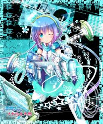 Rule 34 | 1girl, akino coto, aoki lapis, blue eyes, blue hair, blush, boots, character name, electric guitar, flower, gloves, guitar, hair ornament, headset, highres, instrument, long hair, matching hair/eyes, mecha shoujo taisen z, one eye closed, smile, solo, star (symbol), thigh boots, thighhighs, tourmaline, very long hair, vocaloid, wink