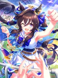 Rule 34 | 1girl, absurdres, animal ears, armpits, arms up, belt, beret, breasts, brown hair, earrings, grass, hair between eyes, hair ornament, hat, highres, horse ears, horse girl, horse tail, jewelry, lens flare, looking at viewer, medium breasts, mole, mole under eye, official art, one eye closed, open mouth, pov, pov hands, single earring, sky, solo focus, sweat, tail, twintails, umamusume, vivlos (umamusume)