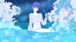 Rule 34 | 1other, alternate costume, androgynous, bad source, blue background, blue eyes, cup, dress, highres, holding, holding cup, houseki no kuni, long sleeves, looking at viewer, phosphophyllite, phosphophyllite (ll), shirokuko, short hair, solo, water background