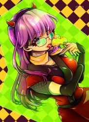 Rule 34 | 105mitsugi, 1girl, candy, commentary request, demon horns, dutch angle, fake horns, food, gintama, glasses, hairband, halloween, horned headwear, horns, japanese clothes, lollipop, long hair, mole, mole under eye, ninja, purple eyes, purple hair, red-framed eyewear, sarutobi ayame, scarf, solo, tongue, tongue out, yellow scarf