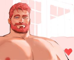Rule 34 | 1boy, bara, beard, blue eyes, cover them up slut (meme), dopey (dopq), facial hair, highres, large pectorals, looking at viewer, male focus, mature male, meme, muscular, muscular male, nipples, nude, orange hair, original, pectoral focus, pectorals, short hair, smile, solo, sunlight, thick eyebrows, upper body