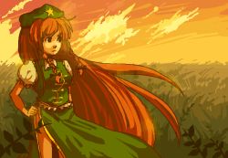 Rule 34 | 1girl, braid, cloud, dress, female focus, grass, green dress, hand on own hip, hat, hip focus, hong meiling, long hair, nature, outdoors, plant, red hair, serious, side slit, sky, solo, standing, tabashio, touhou, twilight, very long hair