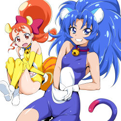 Rule 34 | 10s, 2girls, animal ears, arisugawa himari, bell, blue bodysuit, blue eyes, blue hair, bodysuit, bow, brown eyes, cat ears, cat tail, clenched teeth, cure custard, cure gelato, gloves, hair bow, kirakira precure a la mode, leotard, lion ears, lion tail, long hair, looking at viewer, multiple girls, nakahira guy, open mouth, orange hair, pink bow, ponytail, precure, simple background, smile, squirrel ears, squirrel tail, tail, tategami aoi, teeth, thighhighs, white background, white gloves, yellow bodysuit, yellow legwear