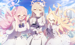 Rule 34 | 3girls, animal ears, bespectacled, blonde hair, blue archive, breasts, capelet, cup, dress, flat chest, flower, glasses, hair between eyes, hair bun, hair flower, hair ornament, halo, highres, holding, holding cup, large breasts, light brown hair, long hair, long sleeves, matchamassa, mika (blue archive), multiple girls, nagisa (blue archive), pink eyes, pink hair, pink halo, red-framed eyewear, seia (blue archive), single side bun, sleeves past fingers, sleeves past wrists, tea party (blue archive), white capelet, white dress, white flower, yellow eyes, yellow halo