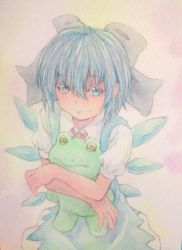 Rule 34 | 1girl, acrylic paint (medium), blue hair, bow, cirno, dress, frog, graphite (medium), hair bow, highres, holding, hug, ice, ice wings, looking at viewer, looking up, neck ribbon, painting (medium), ribbon, sad, short hair, solo, stuffed animal, stuffed frog, stuffed toy, tearing up, tears, touhou, traditional media, watercolor (medium), wings, yuyu (00365676)