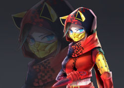 Rule 34 | 1girl, animal hood, animification, apex legends, bad id, bad pixiv id, black hair, cat hood, chinese commentary, covered mouth, glowing, glowing eyes, grey background, hellcat wraith, highres, holding, holding knife, hood, hood up, hooded jacket, jacket, knife, looking at viewer, official alternate costume, red jacket, red scarf, scarf, solo, wraith&#039;s kunai, wraith (apex legends), xiaoye ju er, zoom layer