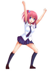 Rule 34 | 1girl, :d, arms up, bad id, bad pixiv id, blue socks, clenched hands, full body, hair between eyes, hair ornament, haruka (liong), impossible clothes, impossible shirt, kneehighs, liong, looking at viewer, necktie, open mouth, original, outstretched arms, pink hair, pleated skirt, purple eyes, school uniform, shirt, shoes, short hair, short sleeves, side ponytail, simple background, skirt, smile, socks, solo, star (symbol), star hair ornament, tareme, white background
