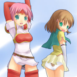 Rule 34 | 2girls, animal print, arms up, ass, bear panties, bear print, belt, black panties, blush, brown hair, covering privates, covering crotch, elbow gloves, fire emblem, fire emblem: path of radiance, fire emblem: radiant dawn, from behind, gloves, green eyes, headband, looking back, marcia (fire emblem), mist (fire emblem), multiple girls, nintendo, panties, pegasus knight uniform (fire emblem), pink hair, print panties, short hair, surprised, thighhighs, underwear, white panties