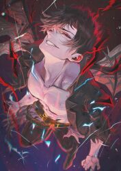 Rule 34 | 1boy, abs, bad face, belial (granblue fantasy), belt, bishounen, black jacket, broken glass, brown hair, chromatic aberration, collarbone, commentary, electricity, evil grin, evil smile, feather boa, glass, granblue fantasy, grin, hair between eyes, head tilt, highres, jacket, looking up, male focus, open clothes, open jacket, pants, parted bangs, pectorals, powering up, red eyes, sakuraba taku, short hair, smile, solo focus, spiked hair, topless male