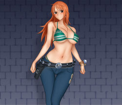 Rule 34 | 1girl, bare arms, bare shoulders, belt, bikini, bikini top only, black eyes, blush, bracelet, breasts, cleavage, closed mouth, curvy, denim, earrings, embarrassed, hip focus, holster, jeans, jewelry, large breasts, legs, legs together, long hair, looking at viewer, nami (one piece), navel, one piece, orange hair, pants, ponte, standing, stomach, swimsuit, thigh gap, thighs, wall