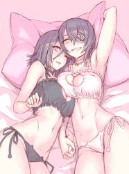 Rule 34 | 10s, 2girls, alternate costume, arm up, armpits, bare arms, bare legs, bare shoulders, bed, bell, black bra, black panties, bra, breast press, breast rest, breasts, cat cutout, cat ear panties, cat lingerie, cleavage, cleavage cutout, clenched teeth, clothing cutout, collar, collarbone, covered erect nipples, cowboy shot, eyepatch, fang, grin, hair between eyes, highres, holding hands, interlocked fingers, jingle bell, kantai collection, large breasts, legs, lingerie, looking at viewer, lying, matching outfits, meme attire, midriff, multiple girls, naughty face, navel, neck bell, no headwear, on back, one eye closed, open mouth, panties, parted lips, pillow, pink eyes, purple hair, side-tie panties, smile, tatsuta (kancolle), teeth, tenryuu (kancolle), underwear, white bra, white panties, wince, yellow eyes, yuri, yuuji (and)