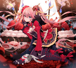 Rule 34 | 1girl, black gloves, black pantyhose, breasts, cake, candle, cleavage, commentary request, crown, dress, floating hair, food, fruit, gloves, hair between eyes, hair ornament, hand up, heterochromia, highres, iron saga, juliet sleeves, long hair, long sleeves, looking at viewer, mini crown, motion blur, pantyhose, petals, pink eyes, pink hair, puffy sleeves, purple eyes, red dress, slokai (iron saga), small breasts, solo, strawberry, stuffed animal, stuffed rabbit, stuffed toy, tilted headwear, twintails, v-shaped eyebrows, very long hair, yadapot