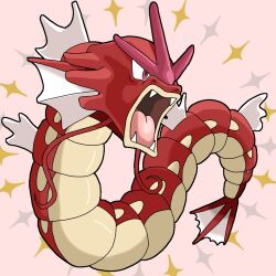 Rule 34 | alternate color, commentary request, creatures (company), fins, game freak, gen 1 pokemon, gyarados, hanecco (arumican orange), nintendo, no humans, open mouth, pink background, pokemon, pokemon (creature), red eyes, sharp teeth, shiny pokemon, solo, tail, teeth, tongue