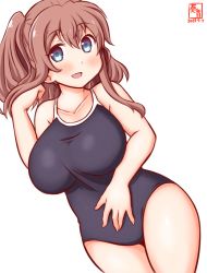 Rule 34 | 1girl, alternate costume, artist logo, blue eyes, blue one-piece swimsuit, breasts, brown hair, collarbone, competition school swimsuit, covered navel, cowboy shot, dated, eyes visible through hair, hair between eyes, hand on own stomach, impossible clothes, kanon (kurogane knights), kantai collection, large breasts, one-hour drawing challenge, one-piece swimsuit, open mouth, ponytail, saratoga (kancolle), school swimsuit, side ponytail, simple background, smile, solo, swimsuit, white background