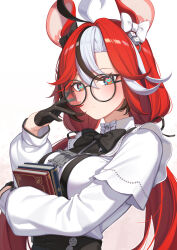 Rule 34 | 1girl, ahoge, animal ears, black bow, black bowtie, black gloves, blue eyes, book, bow, bowtie, erezu, glasses, gloves, hakos baelz, hakos baelz (4th costume), heart, heart-shaped pupils, highres, holding, holding book, hololive, hololive english, long hair, low twintails, mouse ears, multicolored hair, red hair, shirt, streaked hair, symbol-shaped pupils, twintails, virtual youtuber, white background, white shirt