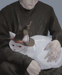 Rule 34 | 1boy, animal focus, black hat, black sweater, cat, closed mouth, elden ring, grey background, hat, head out of frame, highres, jewelry, mad tongue alberich, red eyes, ring, scar, simple background, sitting, solo, sweater, white cat, wizard hat, zaonyan