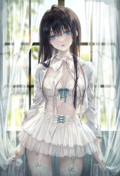 Rule 34 | 1girl, blue eyes, blunt bangs, bra, breasts, curtains, garter straps, hair between eyes, highres, long hair, looking at viewer, medium breasts, mole, mole under mouth, original, parted lips, r o ha, ribbon, shirt, skirt, solo, thighhighs, underwear, white bra, white ribbon, white shirt, white skirt, white thighhighs, window