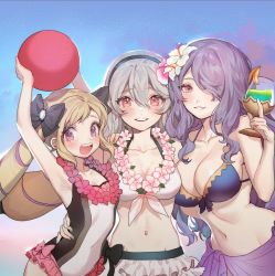 Rule 34 | 3girls, armpits, bikini, blonde hair, blush, breasts, camilla (fire emblem), camilla (summer) (fire emblem), cleavage, corrin (female) (fire emblem), corrin (female) (summer) (fire emblem), corrin (fire emblem), covered navel, drill hair, elise (fire emblem), elise (summer) (fire emblem), fire emblem, fire emblem fates, fire emblem heroes, flower, front-tie bikini top, front-tie top, hair over one eye, large breasts, lips, long hair, looking at viewer, multiple girls, navel, nintendo, official alternate costume, one-piece swimsuit, open mouth, pointy ears, purple eyes, purple hair, red eyes, siblings, simple background, sisters, small breasts, smile, swimsuit, tiara, twin drills, twintails, wavy hair, white background, white hair, zuizi