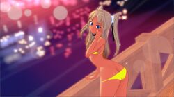 Rule 34 | 1girl, 3d, absurdres, artist request, ass, bare legs, bare shoulders, bikini, blonde hair, blue eyes, breasts, butt crack, curvy, dark-skinned female, dark skin, futaba lili ramses, hair ribbon, hand in own hair, highres, huge ass, long hair, looking at viewer, looking back, o-ring, o-ring bikini, ribbon, shiny skin, small breasts, solo, standing, swimsuit, taimanin (series), taimanin rpgx, tentacle and witches, thong, thong bikini, twintails, very long hair, wide hips, yellow bikini