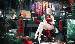 Rule 34 | 1girl, alternate hairstyle, animal ear fluff, animal ears, anklet, aquarium, arknights, bad id, bad pixiv id, banner, bare shoulders, basket, bell, blush, book, breasts, cat, cat ears, china dress, chinese clothes, chopsticks, cleavage, cleavage cutout, closed mouth, clothing cutout, crossed legs, desk, desk lamp, double bun, dress, fireworks, food, fruit, full body, fur shawl, garter straps, globe, green eyes, hair bell, hair bun, hair ornament, hair ribbon, holding, holding chopsticks, holding plate, indoors, jewelry, jingle bell, kal&#039;tsit (arknights), ladder, lamp, large breasts, looking at viewer, monitor, new year, no shoes, omone hokoma agm, plant, plate, potted plant, red dress, red ribbon, ribbon, shawl, shelf, short hair, silver hair, sitting, sleeveless, sleeveless dress, smile, solo, thighhighs, thighs, translation request, white thighhighs, window, wristband, zzz