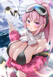 Rule 34 | 1girl, absurdres, animal, bikini, bird, black bikini, blue archive, blush, breasts, cleavage, eimi (blue archive), eimi (swimsuit) (blue archive), goggles, goggles on head, halo, highres, jacket, large breasts, long hair, long sleeves, looking at viewer, natsukari na, official alternate costume, open clothes, open jacket, open mouth, outdoors, penguin, pink eyes, pink hair, pink halo, pink jacket, ponytail, scarf, shovel, solo, swimsuit, v, very long hair, white scarf