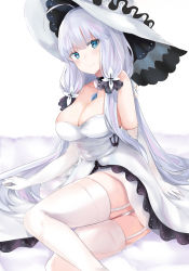 Rule 34 | 1girl, absurdres, azur lane, blue eyes, blush, breasts, cleavage, dress, elbow gloves, gloves, hair ornament, hat, highres, illustrious (azur lane), lace trim, large breasts, long hair, looking at viewer, mole, mole under eye, ribbon, ru zhai, smile, solo, strapless, strapless dress, sun hat, thighhighs, white dress, white gloves, white hair, white hat, white thighhighs