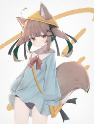 Rule 34 | animal ear fluff, animal ears, bad id, bad pixiv id, bag, black one-piece swimsuit, blue shirt, blunt bangs, blush, bow, brown eyes, brown hair, chair, closed mouth, collared shirt, commentary request, ears through headwear, fang, fang out, green hair, grey background, hair ornament, highres, kindergarten bag, kindergarten uniform, long sleeves, looking at viewer, multicolored hair, one-piece swimsuit, original, puffy long sleeves, puffy sleeves, red bow, risu (ritharte), school chair, school swimsuit, shirt, shoulder bag, sleeves past fingers, sleeves past wrists, smile, swimsuit, swimsuit under clothes, tail, tilted headwear, twintails, two-tone hair, x hair ornament, yellow headwear