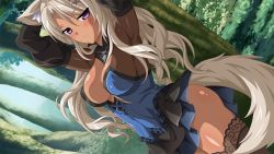 Rule 34 | 1girl, animal ears, armpits, arms behind head, arms up, black thighhighs, blush, breasts, brooch, bush, cleavage, covered erect nipples, cowboy shot, cross-laced clothes, dark-skinned female, dark skin, detached sleeves, dress, dutch angle, forest, fox ears, fox tail, frilled dress, frills, from side, game cg, gem, greeze18, hair ornament, hairclip, jewelry, lace, lace-trimmed legwear, lace trim, large breasts, legs, light brown hair, long hair, looking at viewer, nature, no bra, open mouth, parted bangs, parted lips, puffy detached sleeves, puffy sleeves, purple eyes, sakura spirit, sakurano machiko, short dress, skirt, solo, standing, tail, thighhighs, thighs, tree, turtleneck, wanaca, wavy hair, white hair, winged cloud, zettai ryouiki