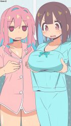 2girls alternate_breast_size artist_name bambi2000line blue_hair blue_pajamas blue_pants blunt_bangs bob_cut breast_lift breast_size_switch breasts brown_eyes brown_hair buttons collarbone colored_inner_hair commentary double-parted_bangs flat_chest hair_intakes hands_on_own_chest highres hozuki_kaede hozuki_momiji jitome large_breasts light_blush long_hair multicolored_hair multiple_girls no_pants onii-chan_wa_oshimai! pajamas pants pink_hair pink_pajamas short_hair siblings sisters two-tone_hair v-shaped_eyebrows