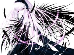 Rule 34 | 00s, 1girl, black dress, black feathers, black wings, bow, cowboy shot, dress, feathers, flower, frills, head tilt, headband, long hair, long sleeves, looking at viewer, multicolored hair, pale skin, pink hair, red eyes, ribbon, rose, rozen maiden, simple background, smile, solo, standing, suigintou, two-tone hair, white background, white hair, wide sleeves, wings