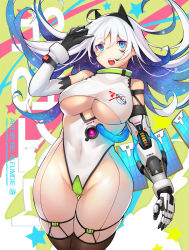 Rule 34 | 1girl, android, animal ears, black gloves, blue eyes, bodysuit, breasts, cat ears, cleavage, clothing cutout, commentary, english commentary, fake animal ears, galaxy, gloves, grey hair, hairband, heart, heart-shaped pupils, highres, joints, leotard, looking down, original, personification, prosthesis, prosthetic arm, robot joints, satellite, space, symbol-shaped pupils, thick thighs, thigh gap, thighhighs, thighs, underboob, underboob cutout, white hair, wire, wookyung