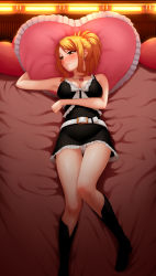 Rule 34 | 1girl, amase (yagami666), belt, black dress, blonde hair, breasts, cleavage, dress, earrings, embarrassed, fairy tail, frilled pillow, frills, heart, heart-shaped pillow, indoors, jewelry, lucy heartfilia, lying, medium breasts, necklace, on back, panties, pantyshot, pillow, solo, underwear, white legwear