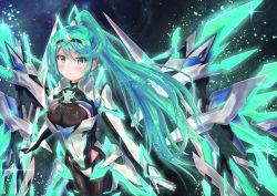 Rule 34 | 1girl, armor, blush, breasts, cocoasabure, earrings, elbow gloves, gem, gloves, glowing, green eyes, green hair, hair ornament, headpiece, highres, jewelry, large breasts, long hair, looking at viewer, mechanical wings, night, nintendo, pneuma (xenoblade), ponytail, sky, smile, solo, spoilers, star (sky), starry sky, swept bangs, tiara, very long hair, wings, xenoblade chronicles (series), xenoblade chronicles 2