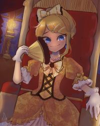 Rule 34 | 1girl, aku no musume (vocaloid), blonde hair, blue eyes, bow, candle, commentary, dress, dress bow, dutch angle, earrings, elbow rest, evillious nendaiki, floral print, flower, frilled gloves, frills, gloves, hair ornament, hairclip, hand fan, highres, holding, holding fan, jewelry, kagamine rin, lcfz, necklace, pearl necklace, riliane lucifen d&#039;autriche, rose, rose print, short sleeves, smile, solo, throne, throne room, tsurime, updo, vocaloid, white gloves, window, yellow dress